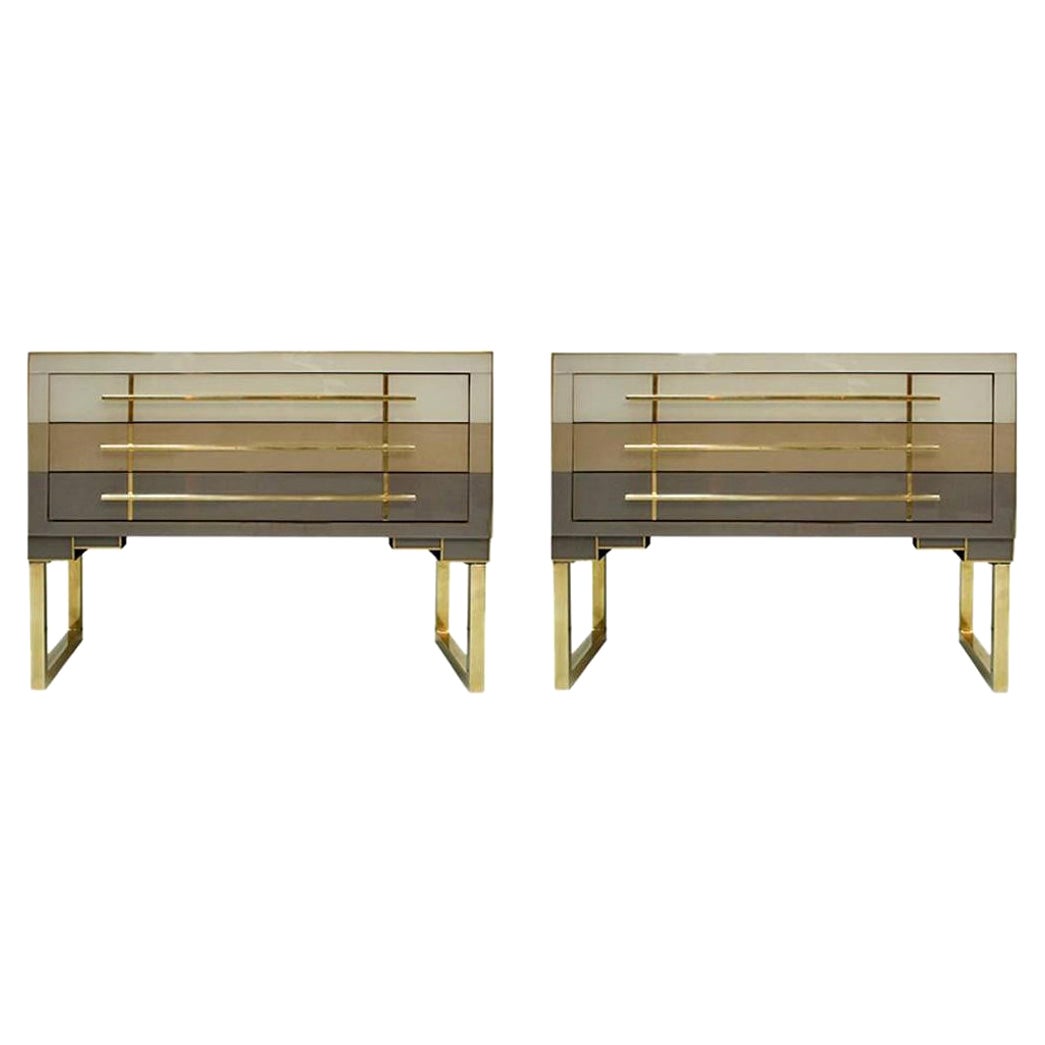 Mid-Century Modern Style Murano Glass and Brass Pair of Italian Commodes For Sale