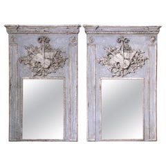 Vintage Pair of Mid-Century French Carved and Painted Trumeaux Mirrors from Normandy