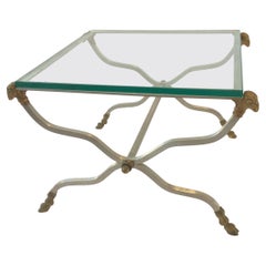 Maison Jansen Style Steel and Brass Ram Side Table with Glass Top