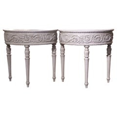 Pair of 19th Century French Louis XVI Carved Painted Demilune Console Tables