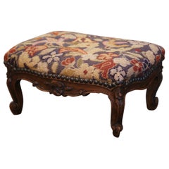19th Century French Louis XV Carved Walnut Footstool with Needlepoint Tapestry
