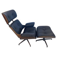 George Mulhauser Designed Plycraft Walnut Black Leather Lounge Chair Ottoman 