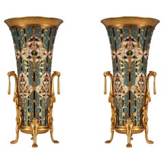 Pair of “Cloisonné” Enamel & Bronze Vases Signed Barbedienne, France, circa 1880