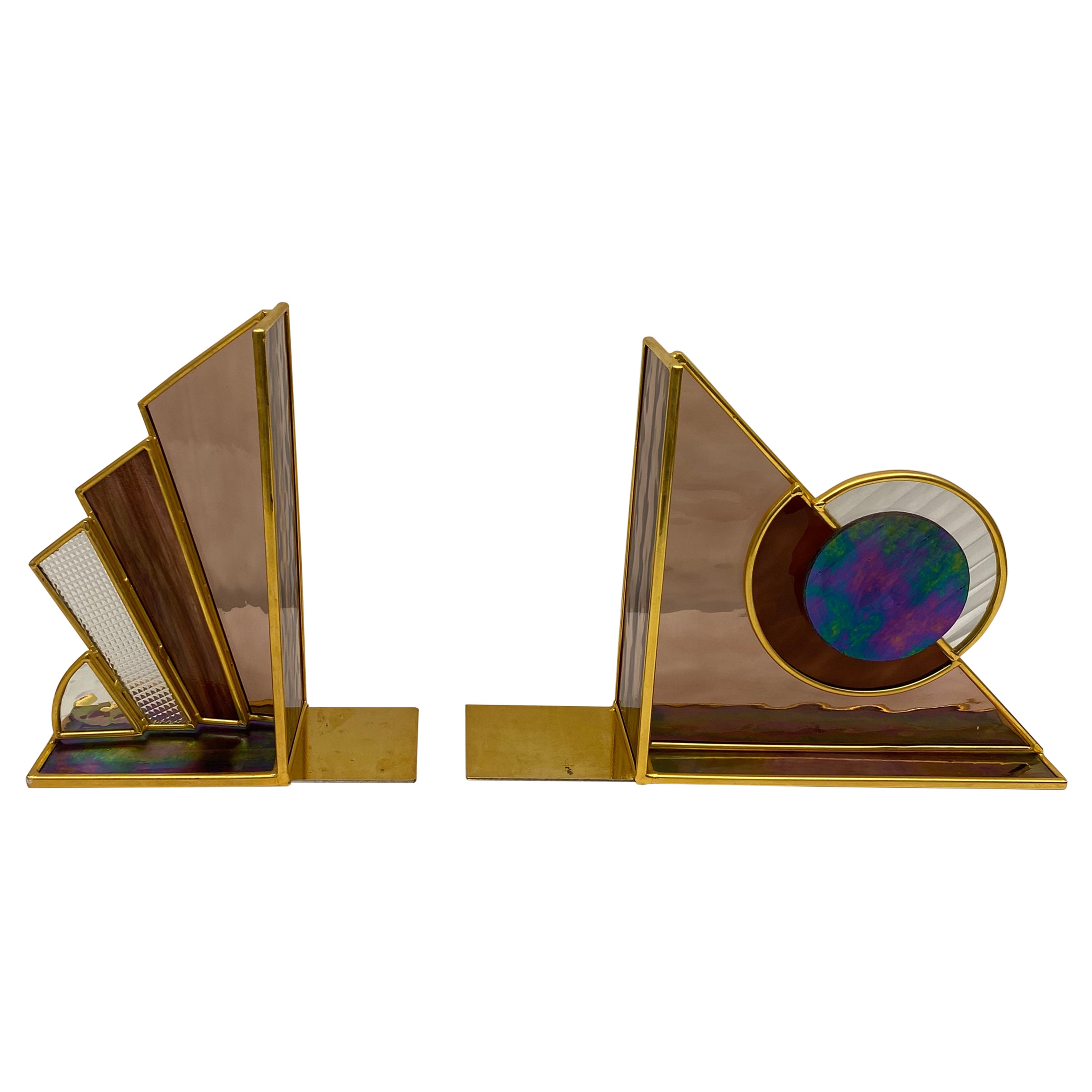Pair of Uniquely Designed Stained Glass and Brass Bookends, Un-matching For Sale