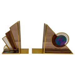 Un-matching Pair of Uniquely Designed Stained Glass and Brass Bookends