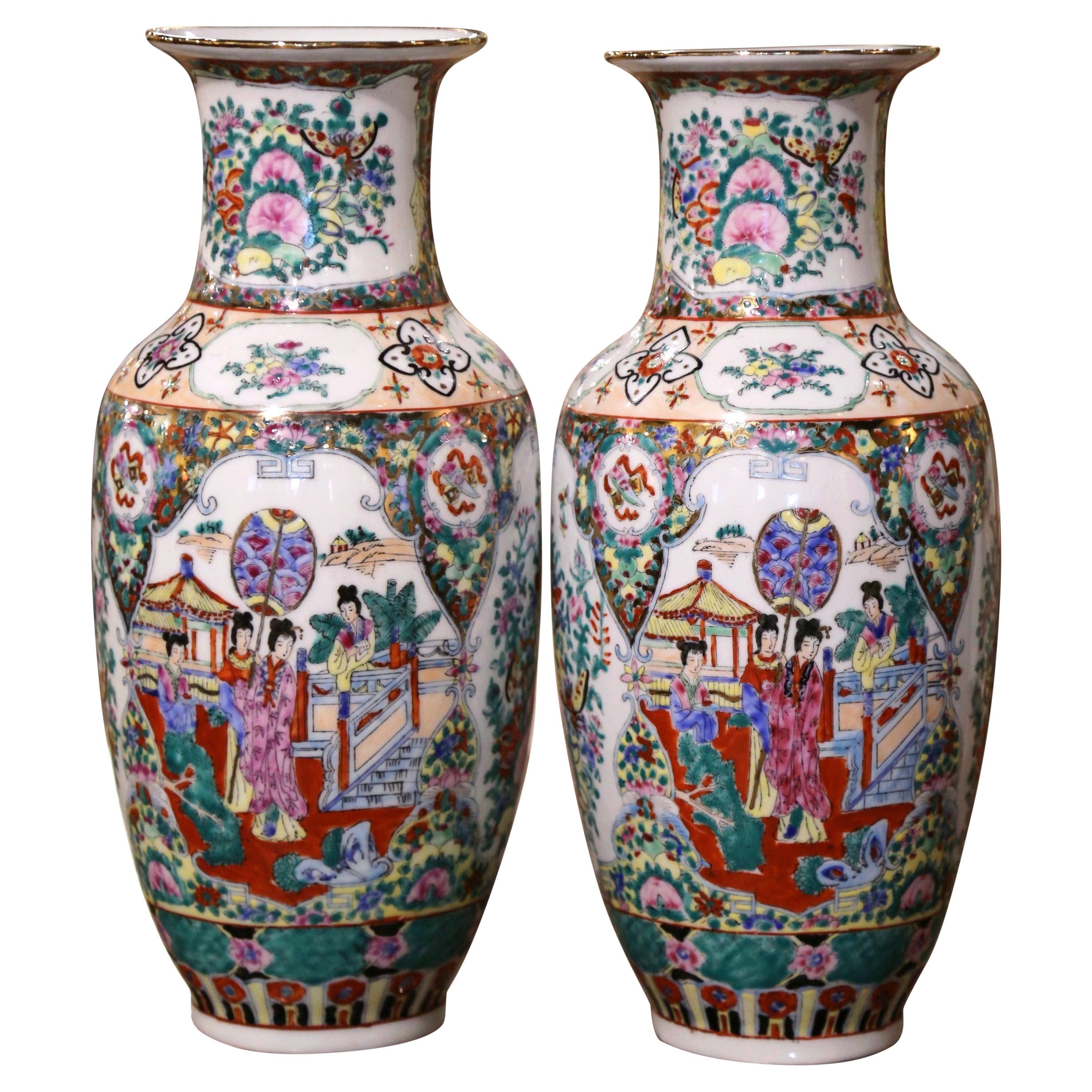 Pair of Mid-Century Chinese Rose Medallion Polychrome & Gilt Porcelain Vases