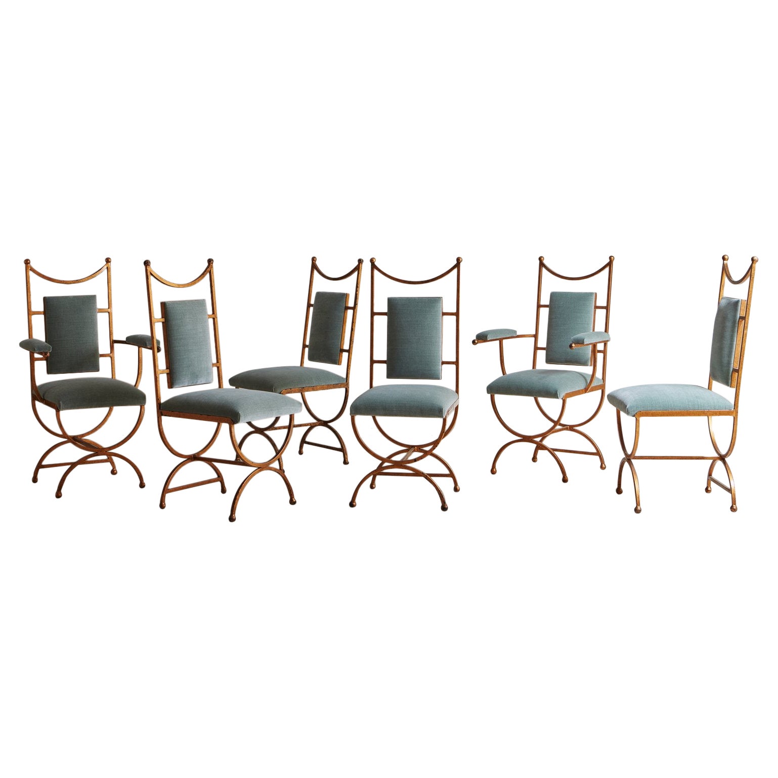 Set of 6 Gold Dining Chairs in Seafoam Green Velvet, France 20th