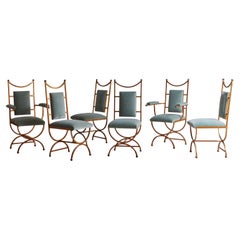 Set of 6 Gold Dining Chairs in Seafoam Green Velvet, France 20th Century