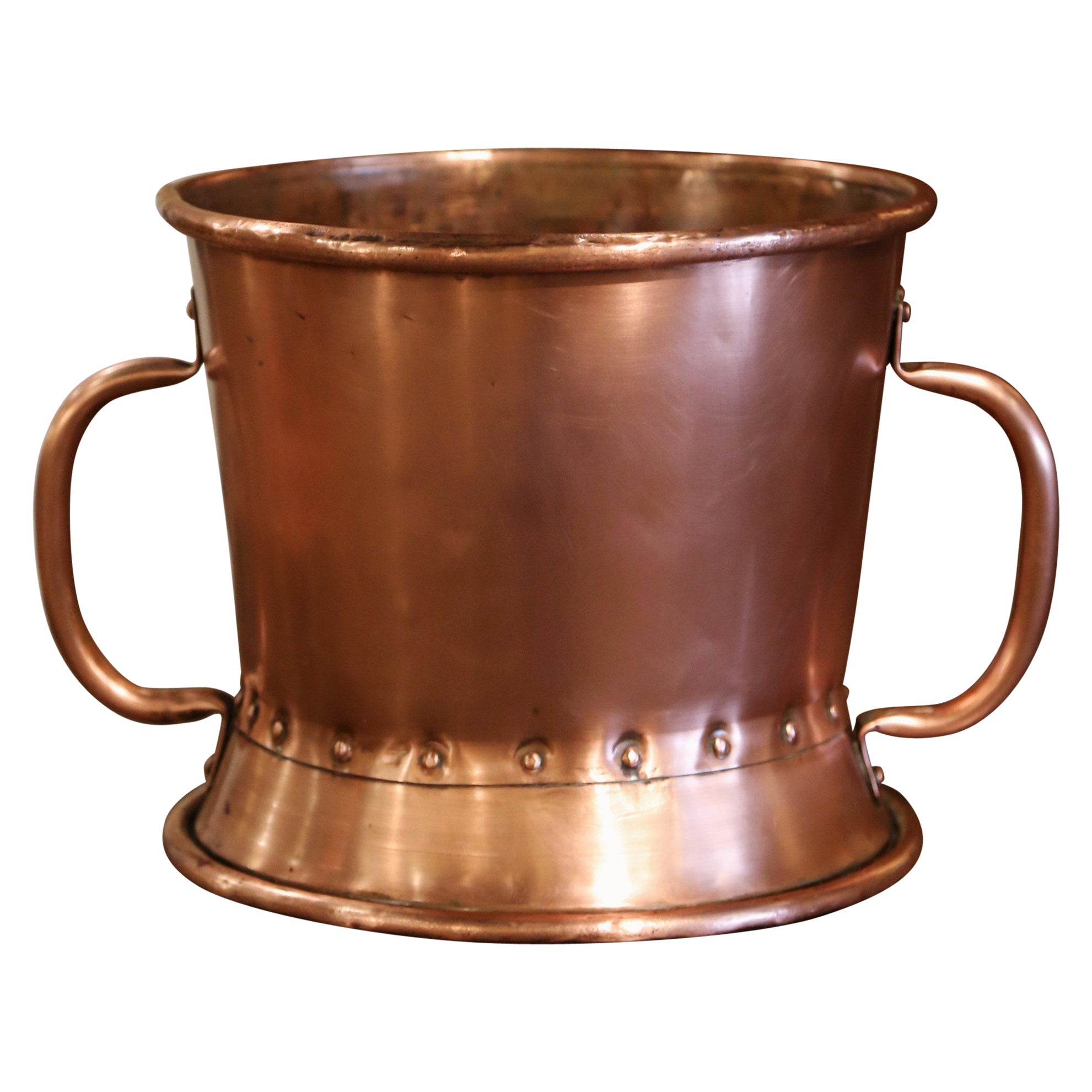 19th Century French Copper Waste Basket or Cache Pot with Brass Side Handles
