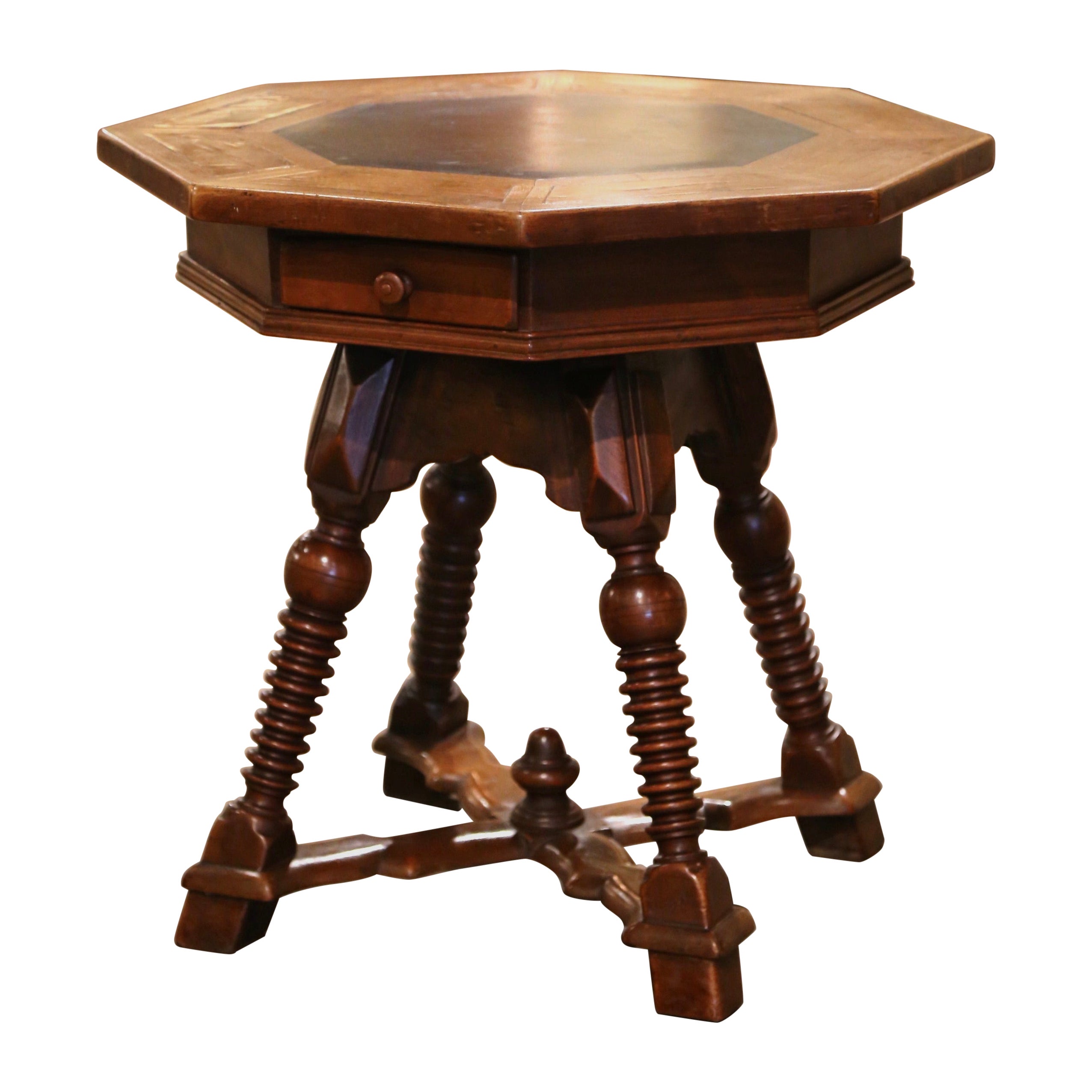 19th Century French Octagonal Carved Walnut Marquetry Side Table with Slate Top For Sale