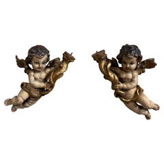 Pair of 19th Century Italian Carved Polychrome & Gilt Wall Cherub Candle Holders