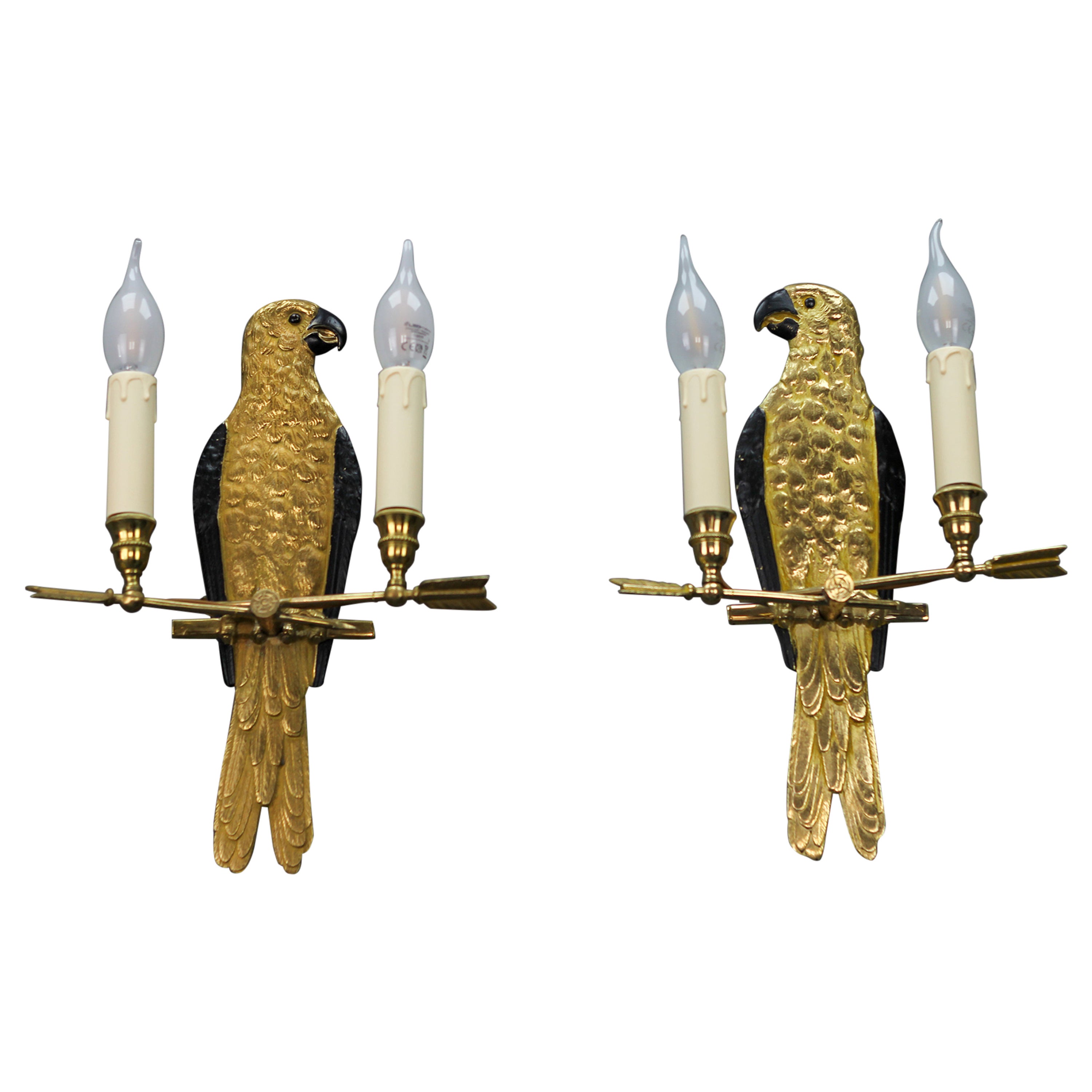 Pair of Hollywood Regency Style French Gilt Bronze Two-Light Parrot Wall Sconces For Sale