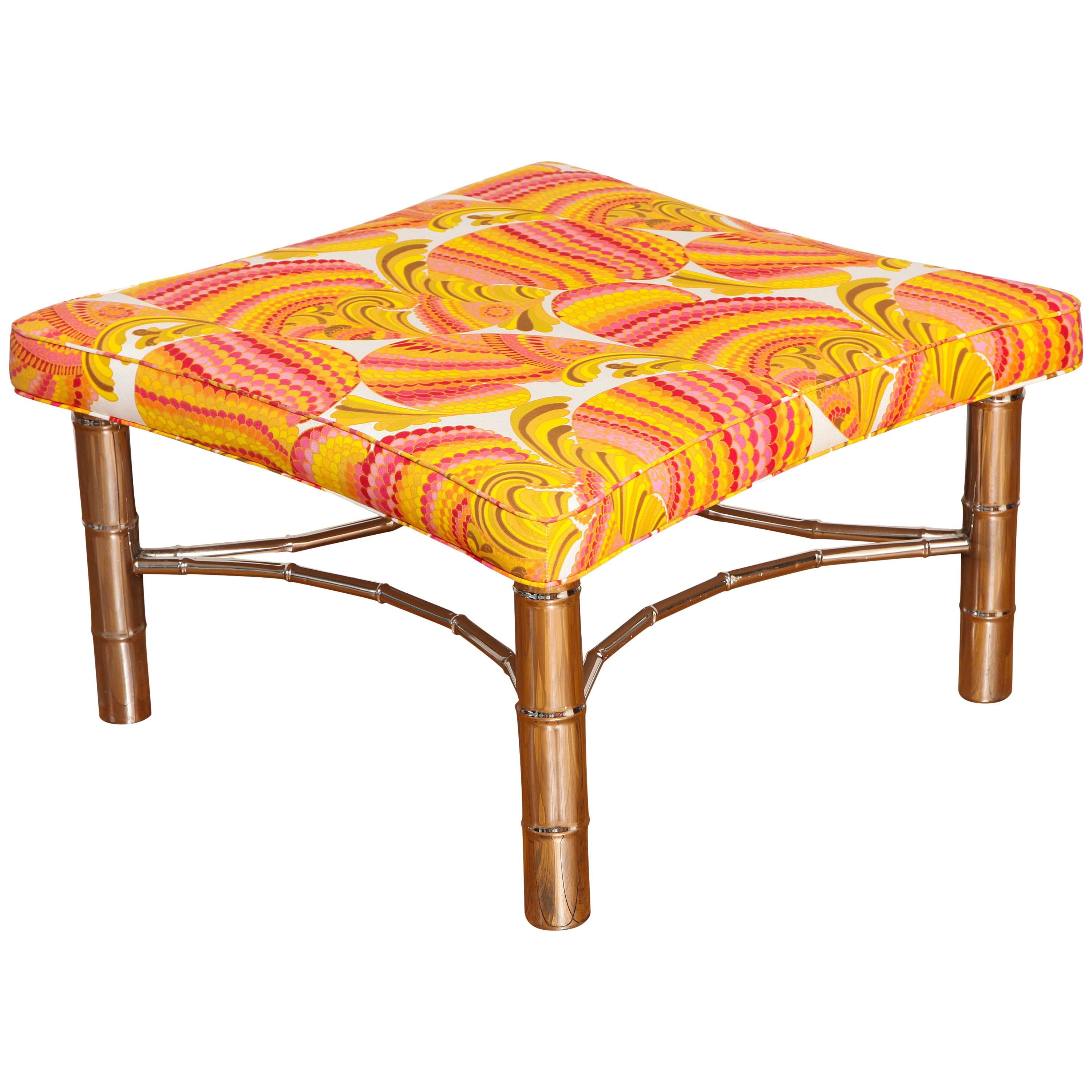 Faux Bamboo Ottoman with Chrome Legs and Stretcher in Emilio Pucci Fabric