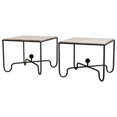 Pair of Large 'Entretoise' Silver Travertine Side Tables by Design Frères