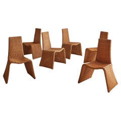 Set of 5 Sculptural Wicker Dining Chairs, Spain 20th Century