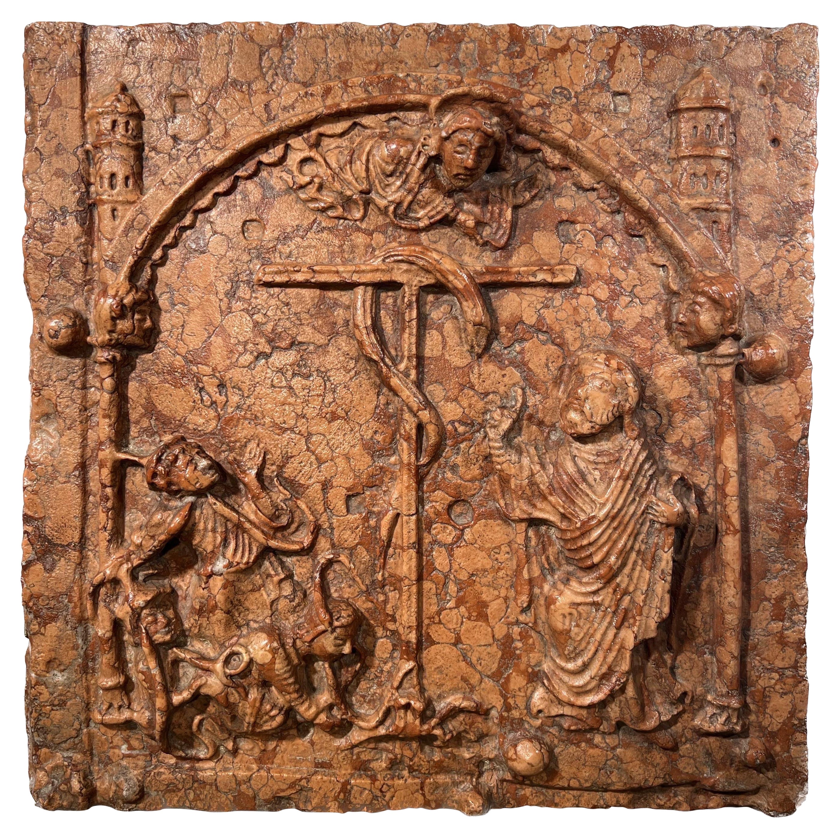19th Century Moses & the Bronze Serpent Italian Marmo Rosso Di Verona Low Relief For Sale