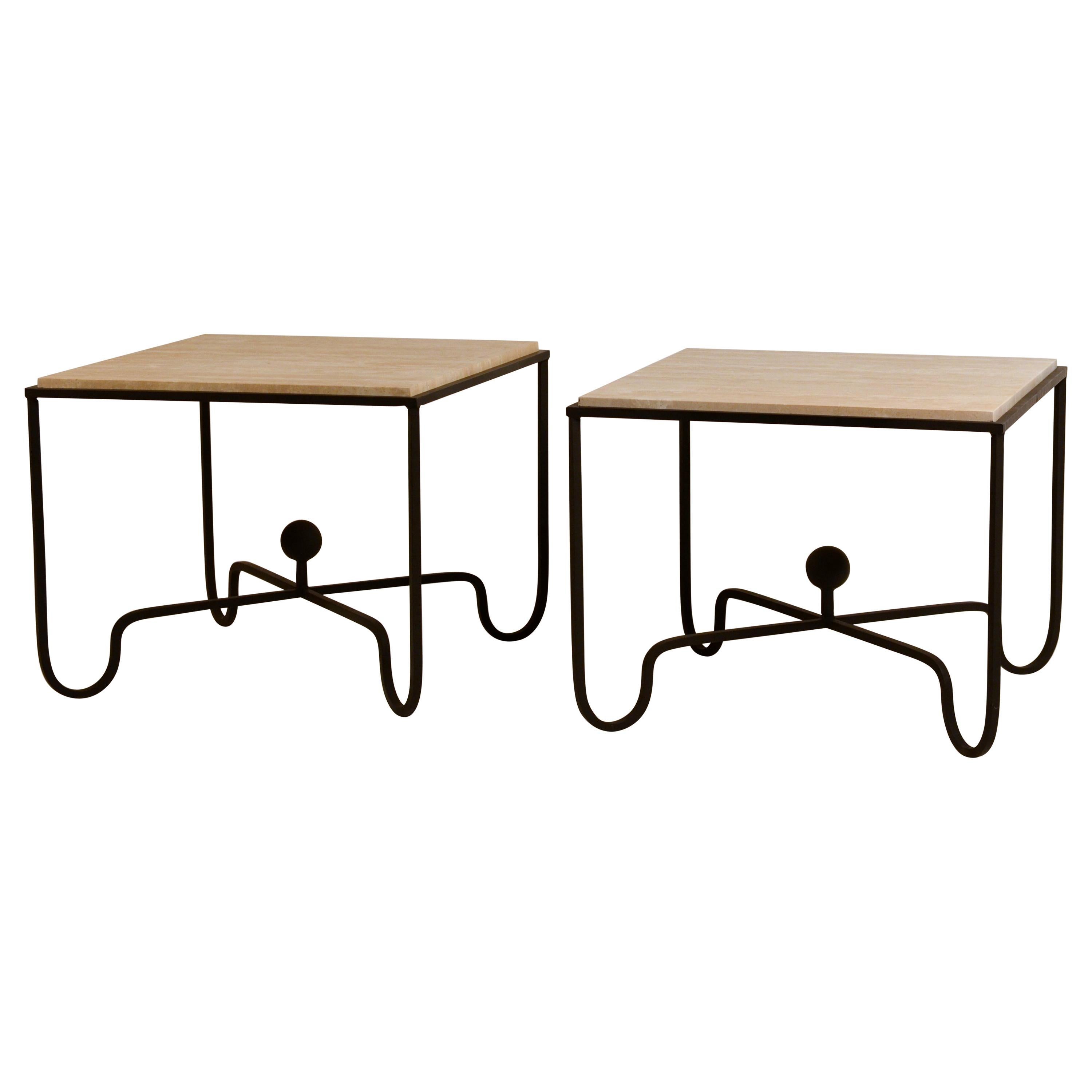 Pair of Large 'Entretoise' Cream Travertine Side Tables by Design Freres For Sale