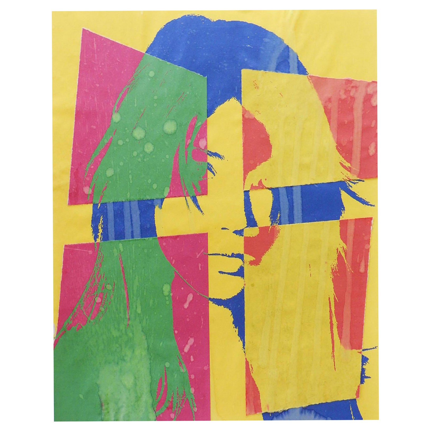 Pop Art Yellow Blue Green & Pink Portrait Collage Serigraph
