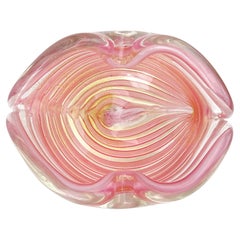 Ercole Barovier Toso Murano Gold Flecks Pink Stripes Italian Art Glass Bowl Dish