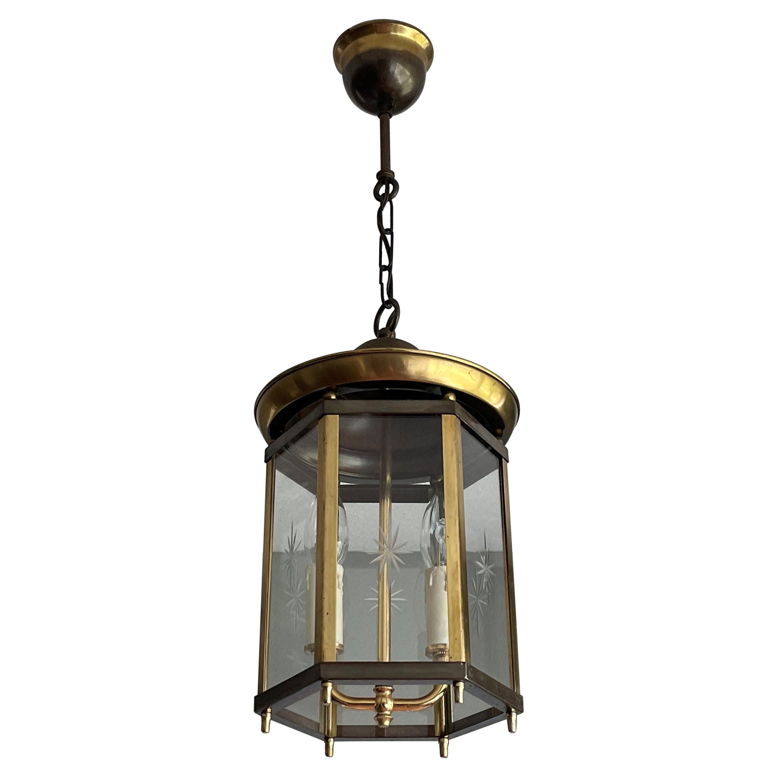 Stylish Dutch Arts & Crafts Brass & Engraved Star Glass Lantern / Pendant Light