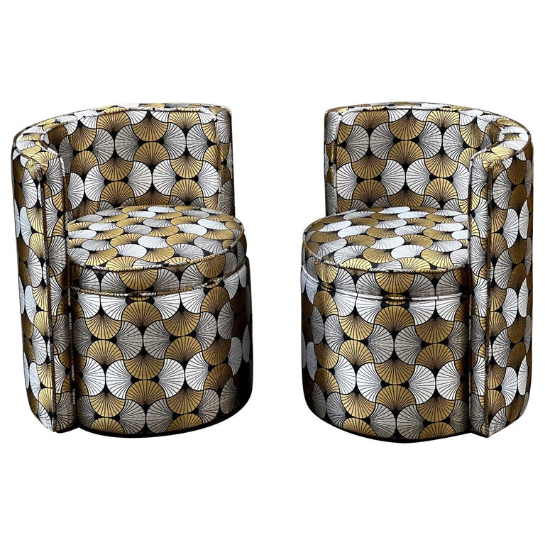 Pair of Round Armchairs with Geometric Art Deco Design Fabric, 1940s