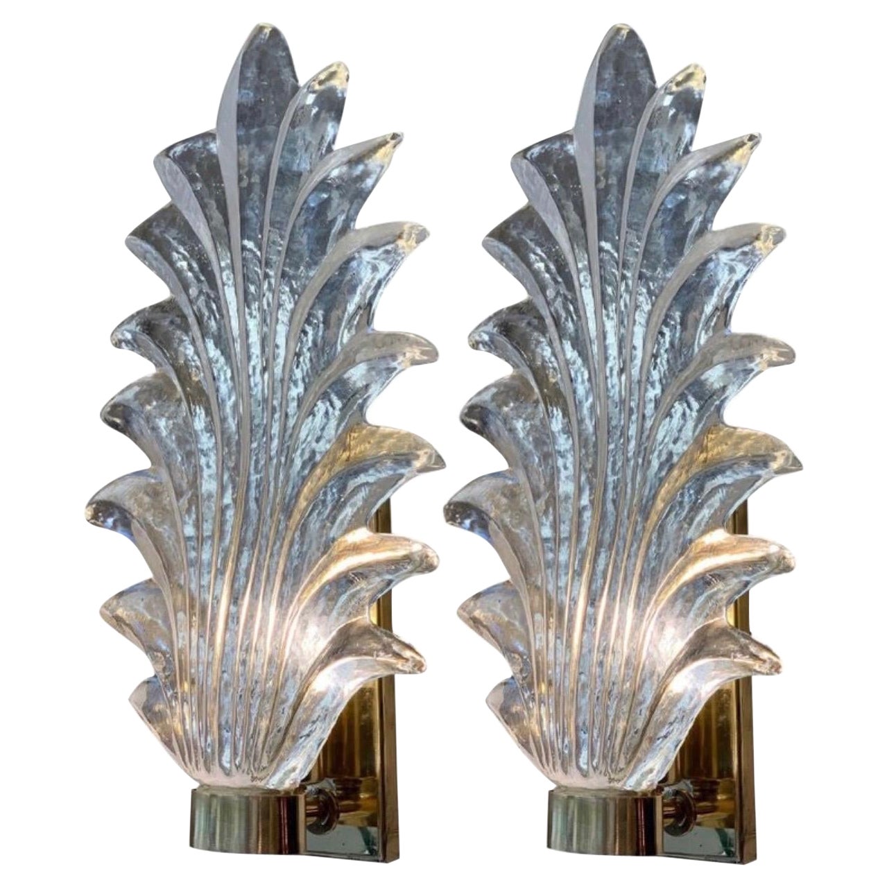 Pair of Late Art Deco Clear Murano Glass Leaf Sconces, 1940s For Sale