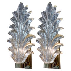 Vintage Pair of Late Art Deco Clear Murano Glass Leaf Sconces, 1940s