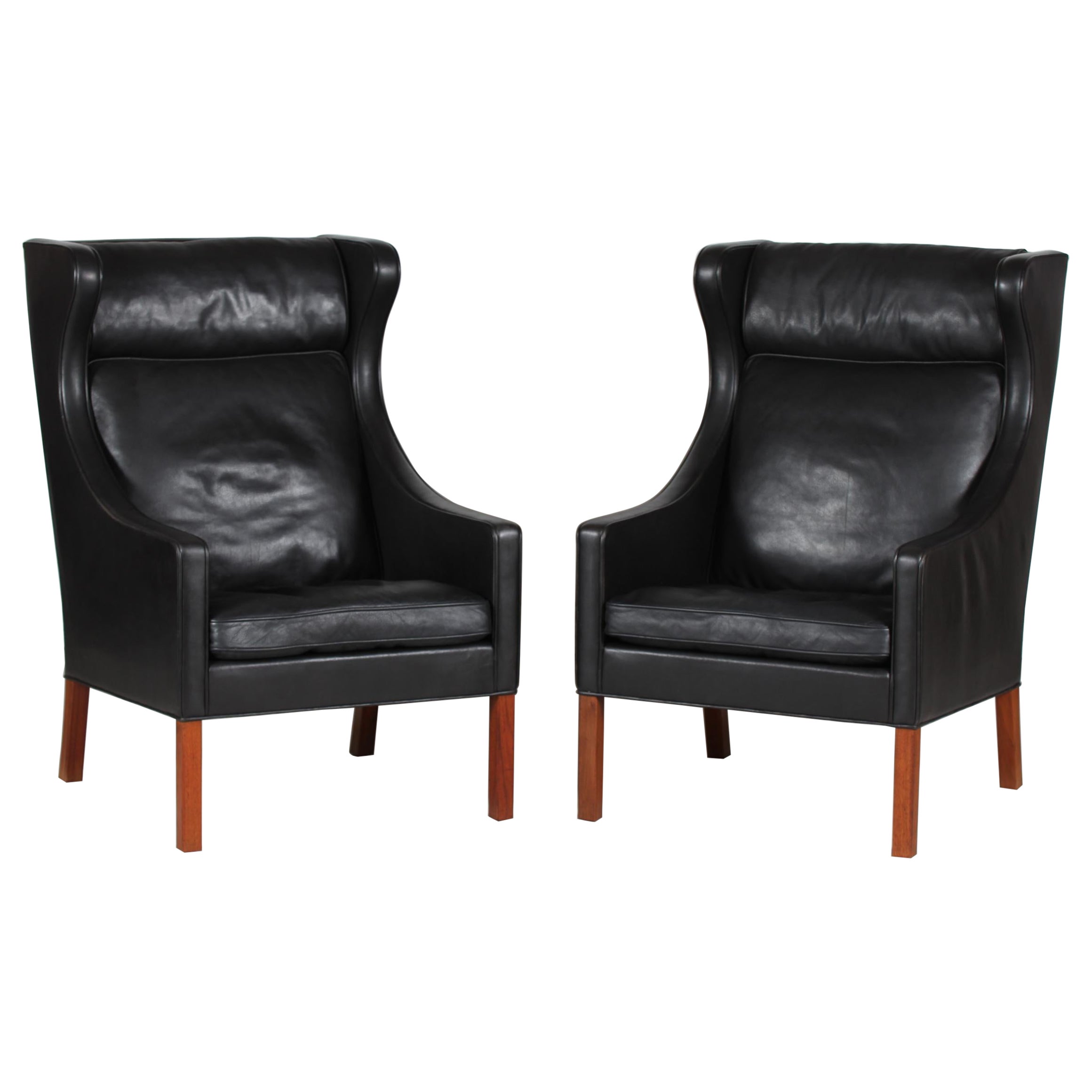 Børge Mogensen Pair of Chairs 2204 with Black Leather by Fredericia Stolefabrik
