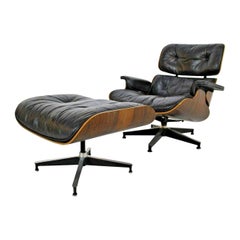 Vintage Eames Lounge Chair and Ottoman, Herman Miller 1970s Black Leather and Rosewood