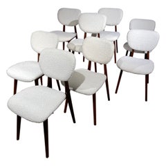 White Bouclette & Dark Wood 8 Dining Chairs