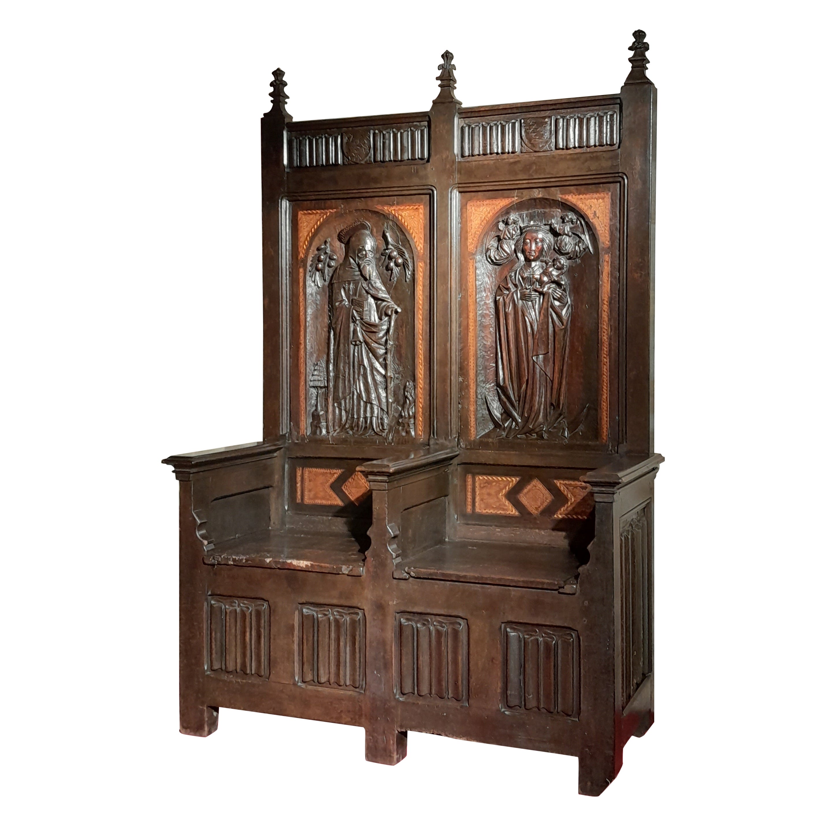 Rare Double Cathedra Made from Walnut Wood Sculpted, and Inlaid, Around 1500 For Sale