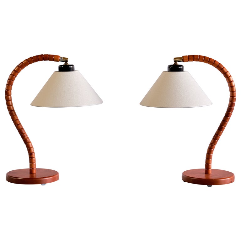 Sculptural Pair of Markslöjd Table Lamps in Beech, Brass, Linen, Sweden,  1960s For Sale at 1stDibs