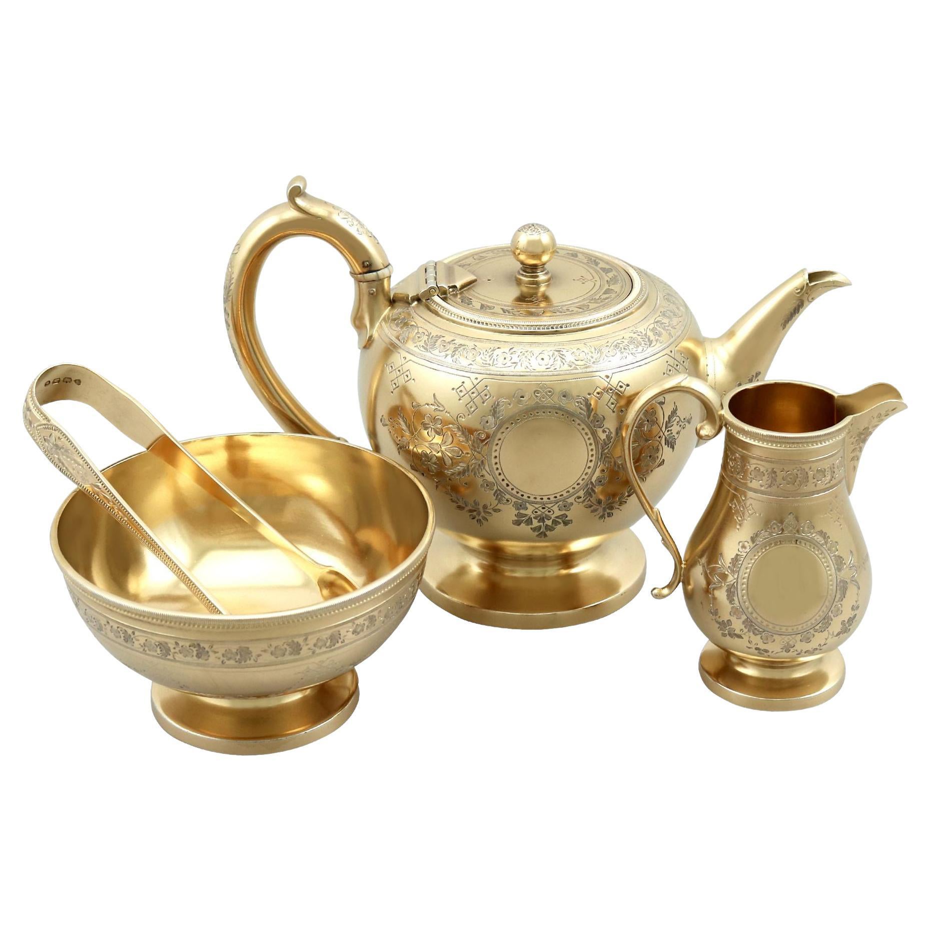 Antiguo Servicio de Té de Soltero Victoriano de Plata de Ley Dorada de Tres Piezas