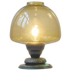Small Art Deco Style Table Lamp Bronze and Green Glass