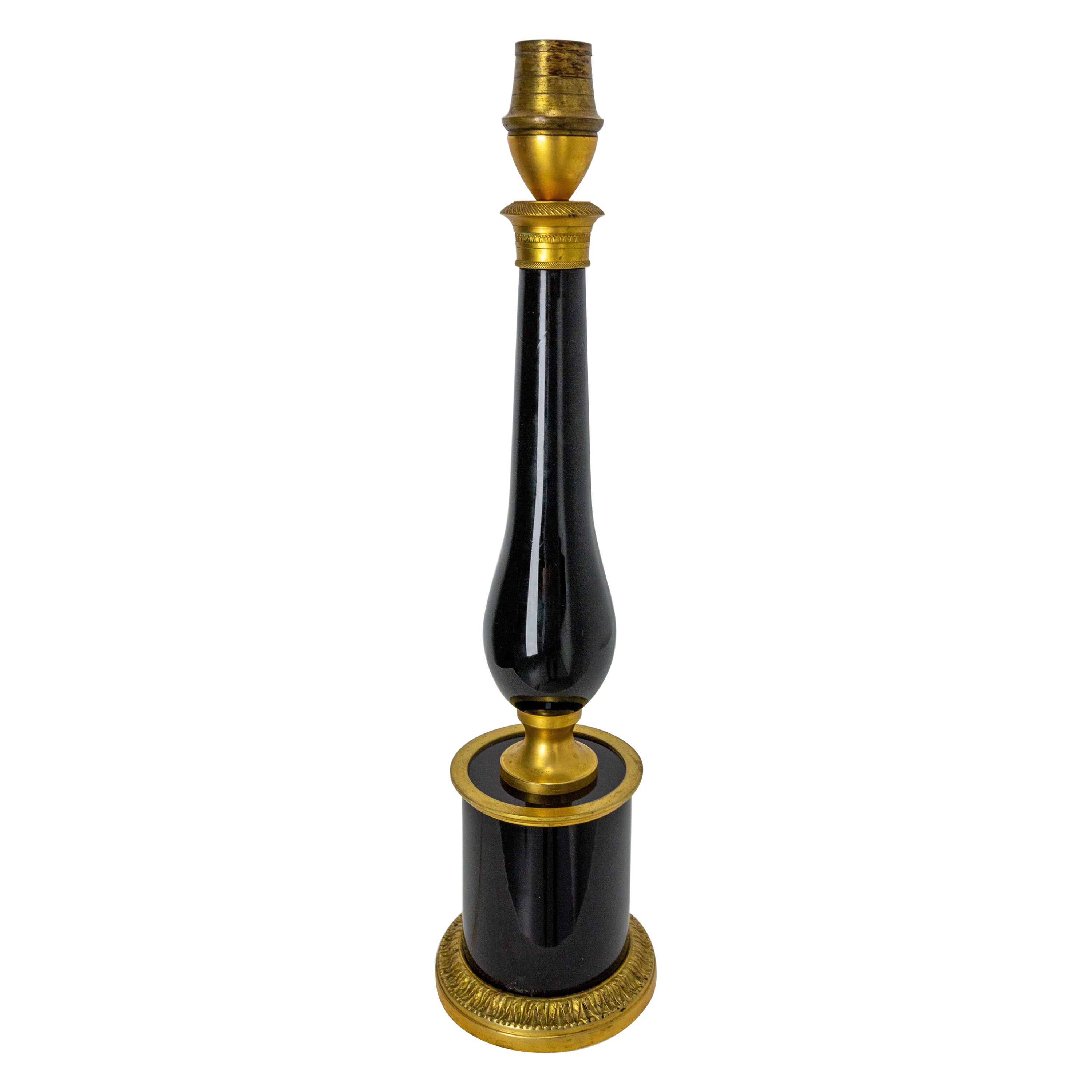 French Black Glass and Brass Table Lamp, Mid-Century