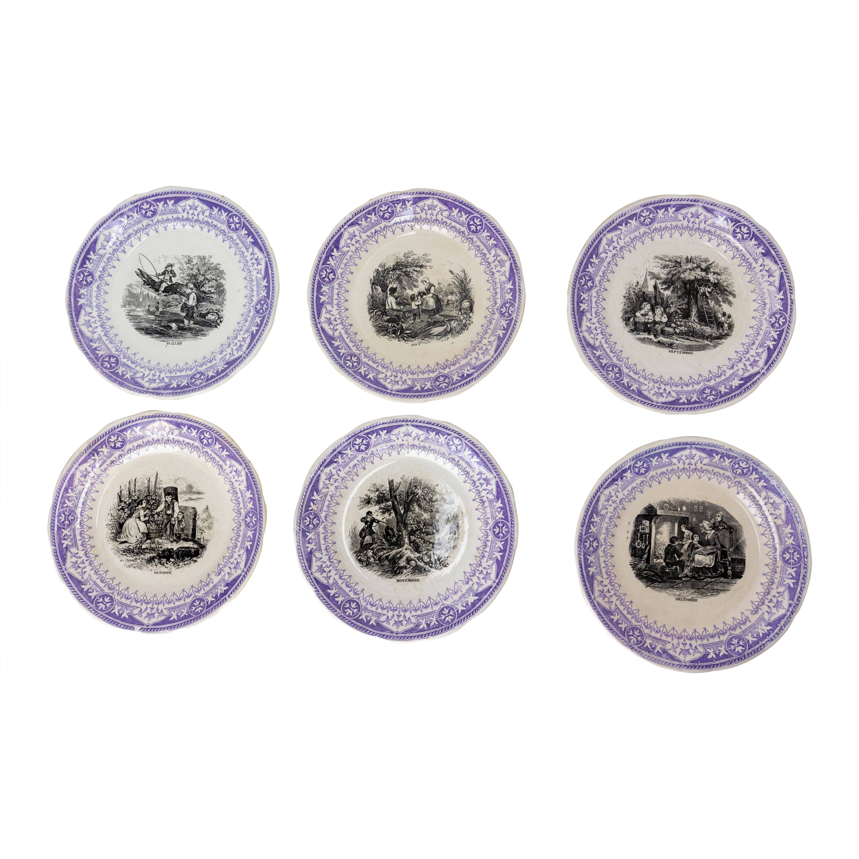 Set of Six Historized Months Family Scenes Faience Plates, France 19th C For Sale
