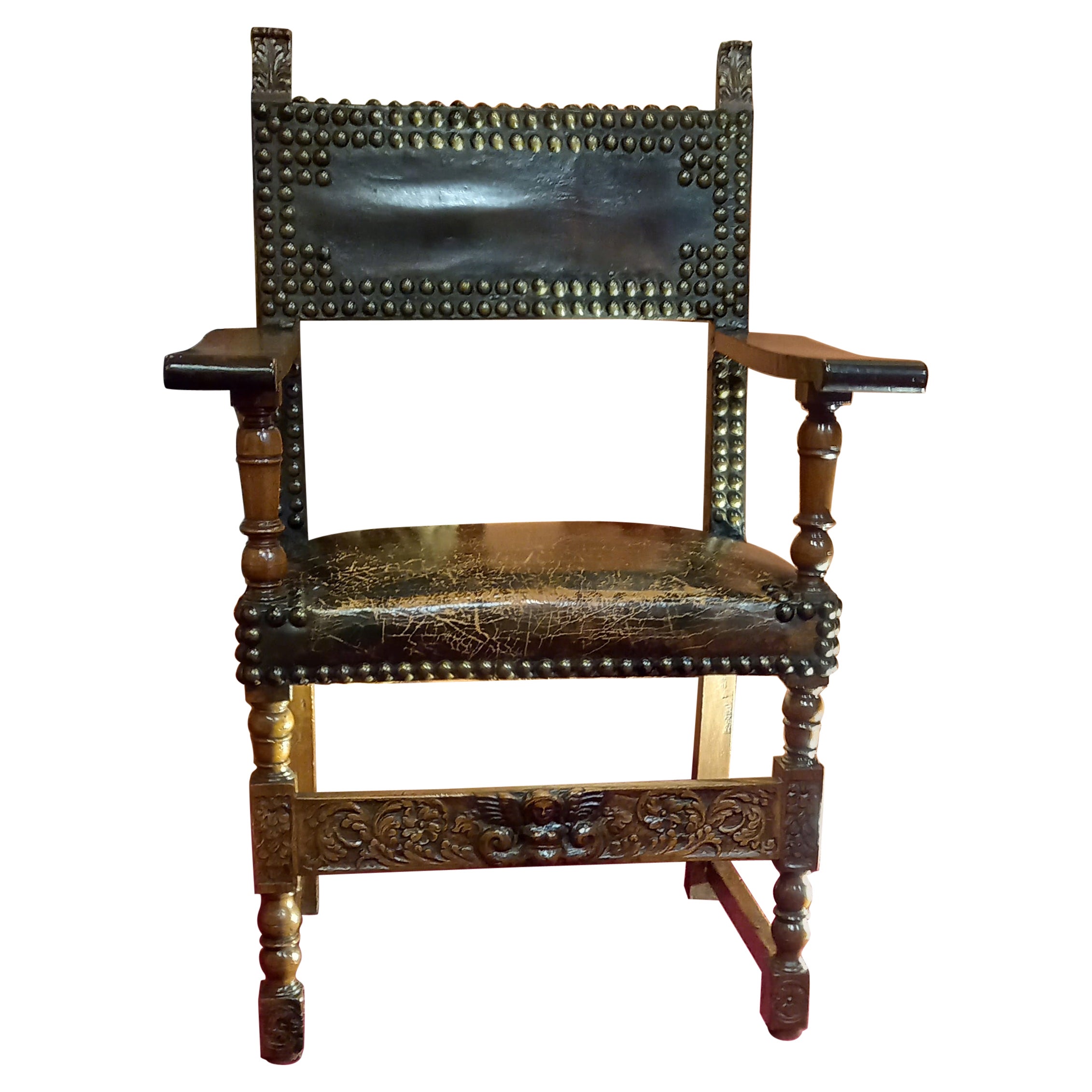 Beautiful Renaissance Carved Walnut Armchair For Sale