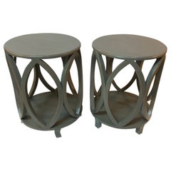 Stylish Pair of Round Slate Gray Blue Painted End or Side Tables