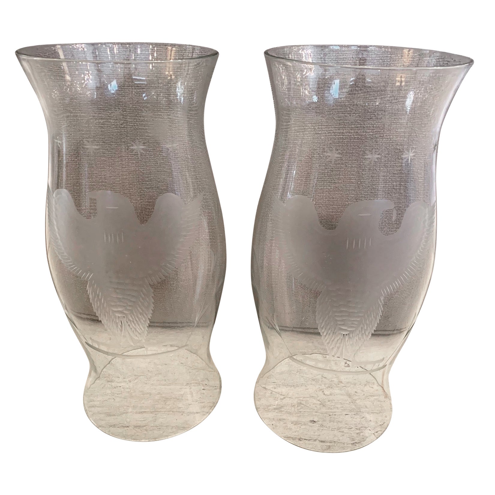 Handsome Large Pair of Glass Hurricanes with Eagles and Star Decoration For Sale