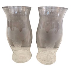 Handsome Large Pair of Glass Hurricanes with Eagles and Star Decoration