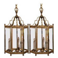 Pair of Mid-Century French Polygon Beveled Glass Three-Light Brass Lanterns