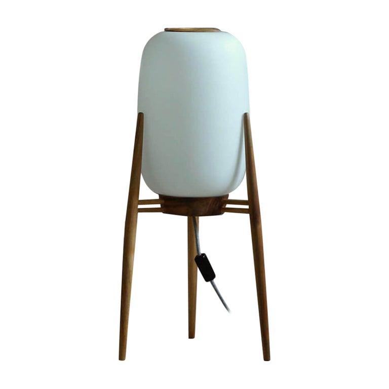 Floor Lamp, Glass Lampshade, Wooden Tripod Base, Space Age, 1960s at 1stDibs