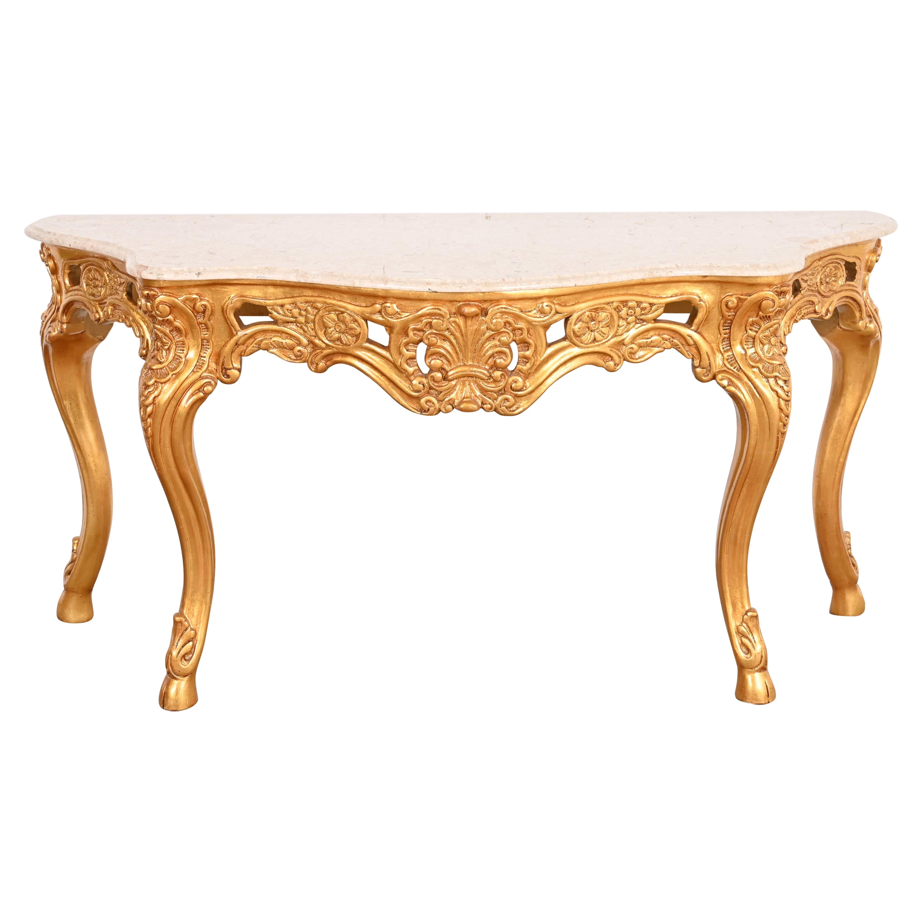 Table console baroque française en bois sculpté et doré avec plateau en marbre en vente