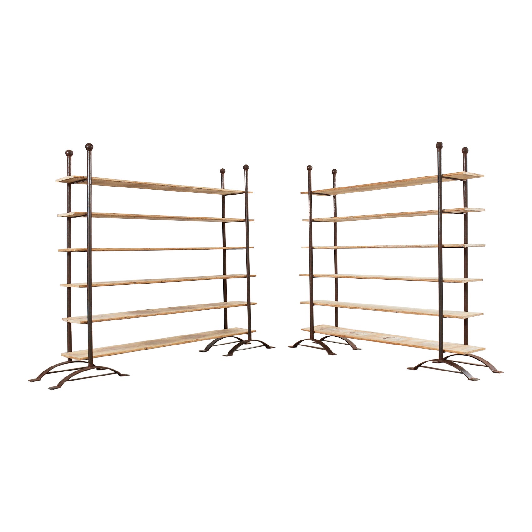 Pair of Patinated Iron and Pine Bakers Rack or Bookshelves