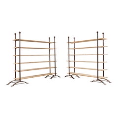 Used Pair of Patinated Iron and Pine Bakers Rack or Bookshelves