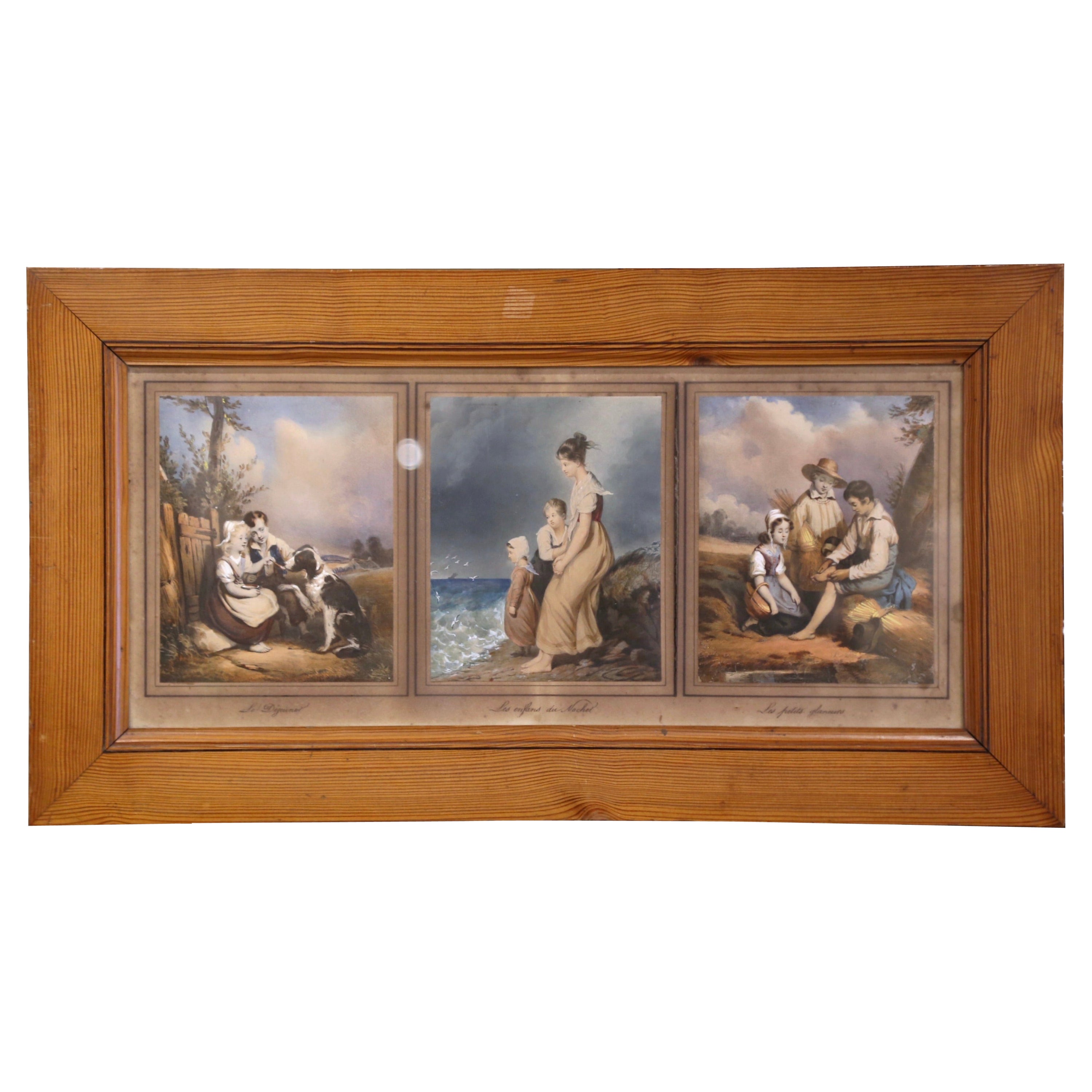 Mid 19th Century French Watercolor Pictures under Glass in Pine Frame For Sale