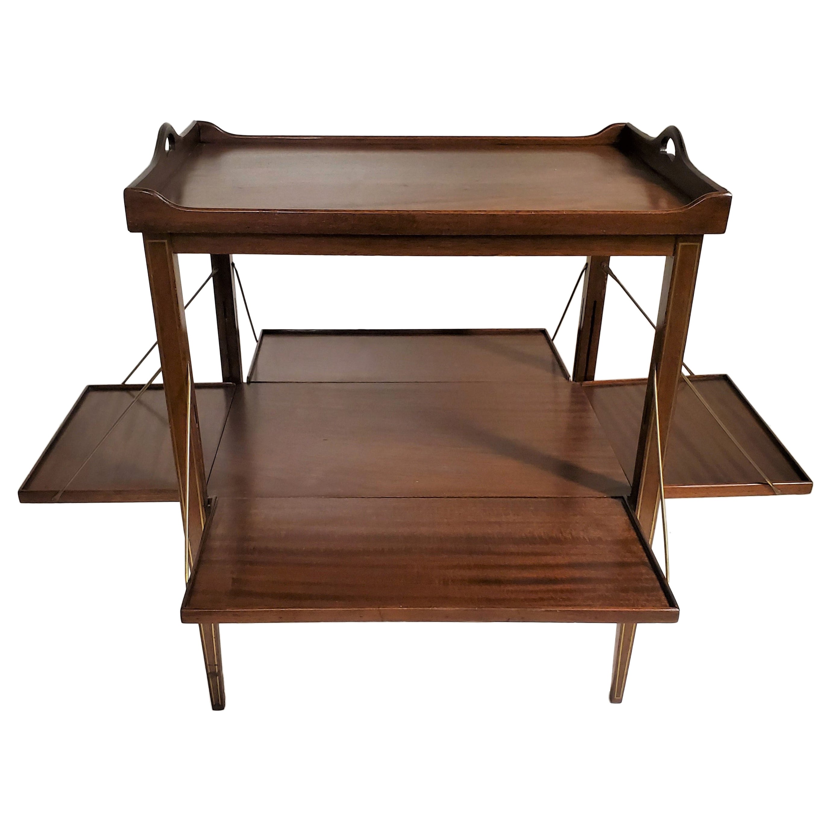 Expandable Mahogany and Brass Inlaid Side Table / Bar Cart /Desert Table For Sale