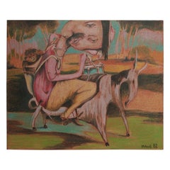 Mikuš, "Monkey on My Back", dessin surréaliste au crayon de couleur, C.R., C.1982