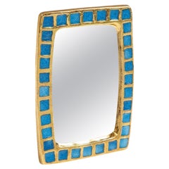 Vintage Mithé Espelt Mirror, Ceramic, Gold, Blue, Fused Glass