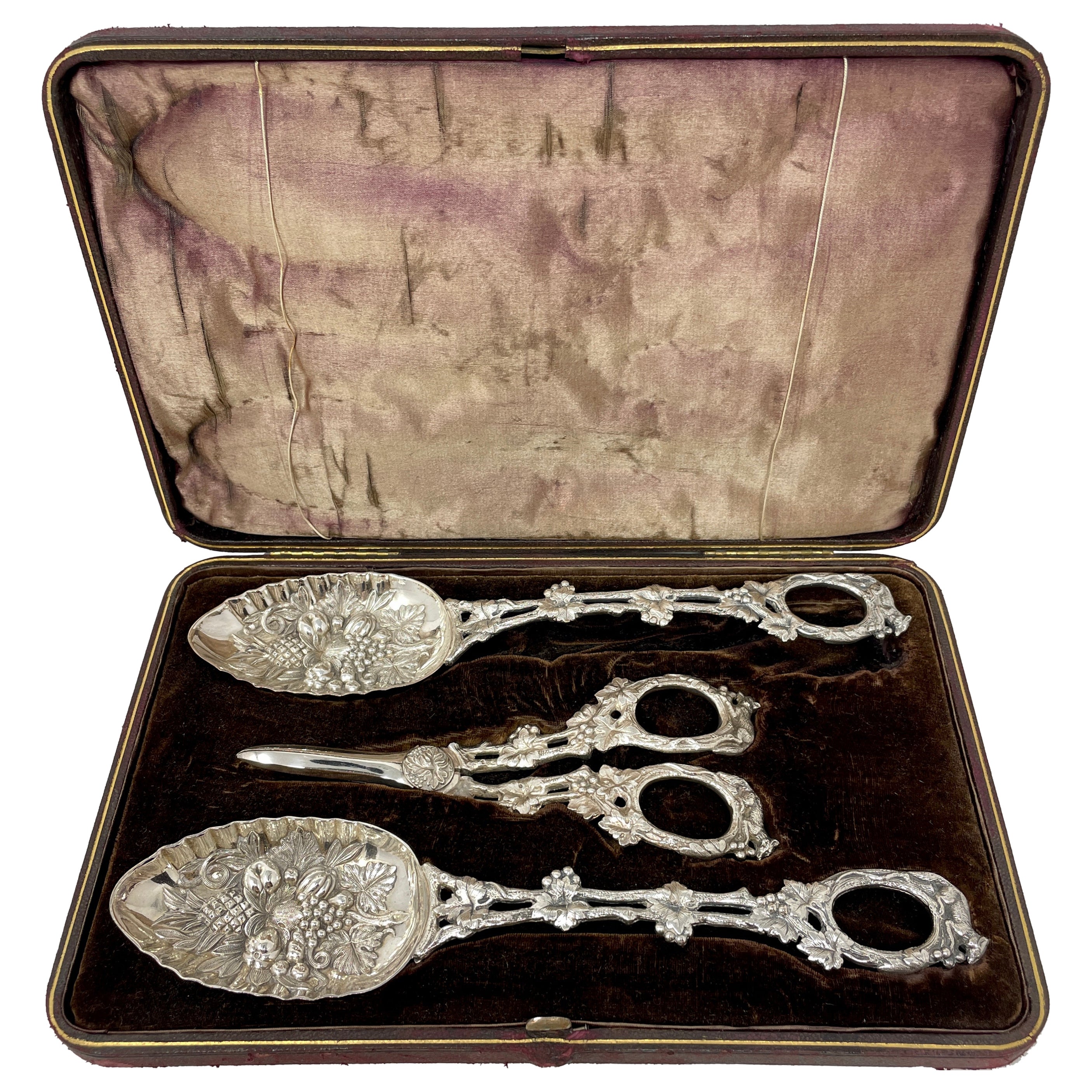 Antique English Silver Grape Shears & Berry Spoons in Original Case, Circa 1880